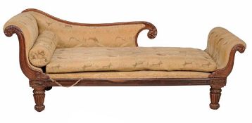 A George IV rosewood chaise longue, circa 1825, in the manner of Gillows, with acanthus scroll arms