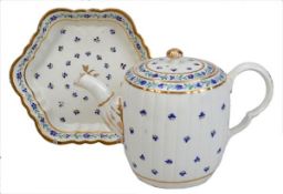 A Caughley barrel-shaped teapot, cover and hexagonal tray, circa 1790, decorated with an Angouleme