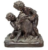 A patinated bronze Bacchic group of two amorini and a goat, in the manner of Clodion, 20th century,