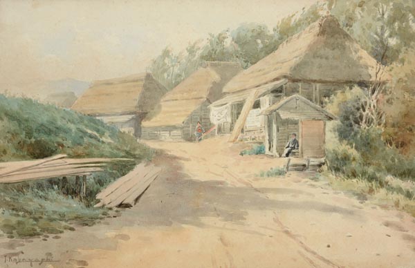 A Japanese Watercolour Painting of a dusty country path leading past a group of thatched rural - Image 2 of 3