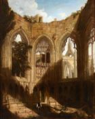 English School (19th century) A figure in a ruined Abbey. Oil on canvas 74 x 59cm (29 x 23in)