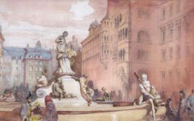 Alfred Charles Conrade (1863-1955) Donnerbrunnen Fountain, Vienna, watercolour, over pencil, on