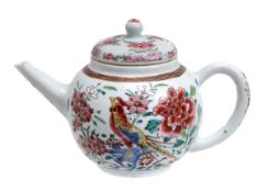 A Chinese famille rose wine pot of globular form decorated with peony shrubs and birds, 18th