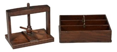 A George III mahogany cutlery tray, circa 1780, with brass handle above the three sections 12cm