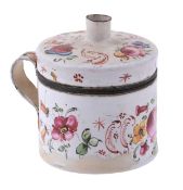 A Bilston enamel drum shaped bougie box, circa 1775, with a funnel-topped cover and loop handle,
