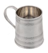 A George III silver straight-tapered child`s mug by John Emes, London 1805, with a scroll handle, a