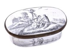 A Birmingham or Liverpool oblong snuff box, circa 1760-65, the cover painted in black with The