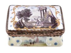 A south Staffordshire enamel rectangular double-lidded snuff box, circa 1760-65, the cover transfer