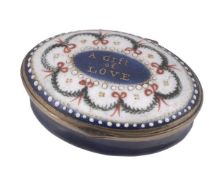 A south Staffordshire enamel oval patch box, late 18th century, the cover with the gilded