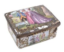 A Bilston enamel rectangular table snuff box, circa 1765, the cover painted with three figures in a