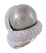 A South Sea cultured pearl and diamond ring, the 17.1mm South Sea cultured pearl within a surround