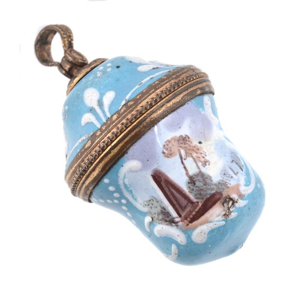 A Bilston enamel chatelaine box pendant, circa 1770, painted on one side with a ruin scene, the