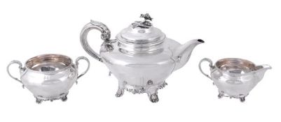 A matched silver compressed spherical three piece tea service, the William IV tea pot by Charles