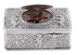 A silver plated rectangular singing bird musical box, probably Swiss or German, mid/late 20th