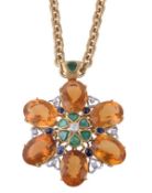 A citrine, emerald, sapphire and diamond pendant, centrally set with an old brilliant cut diamond