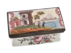 An enamel rectangular snuff box, the cover painted with Chinese fishermen between crimson scrolls,