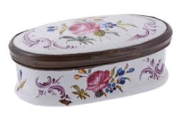 A Bilston enamel oblong snuff box, circa 1765-1770, the cover and sides painted with sprays of
