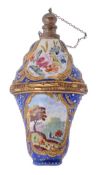 A Bilston enamel combined scent bottle and bonbonniere, circa 1765-1770, the top with flowers and