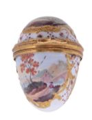 A south Staffordshire enamel egg shape bonbonniere, circa 1765-70, painted with rustic vignettes