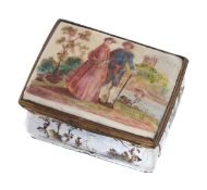 An enamel rectangular snuff box, the cover printed and painted with the couple from La Cascade, the