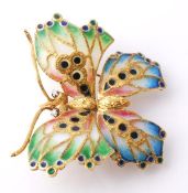 A plique a jour enamel butterfly brooch, the wings decorated with pink, green, blue and white