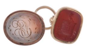 Two 19th century hardstone fob seals, the first seal with a cornelian matrix, carved with the