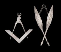Two silver Masonic jewels, the first a William IV set square and compass pendant by Joseph Wilmore,