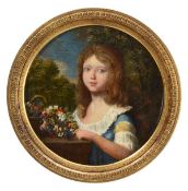 French School, circa 1810. Portrait of a child with a wreath of flowers in a garden, half length.