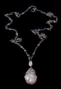 A diamond and blister pearl necklace, the baroque blister pearl, measuring 16.0mm x 11.0mm, with a