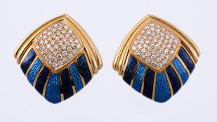 A pair of enamel and diamond ear clips by De Vroomen, the diamond shaped panel pave set with