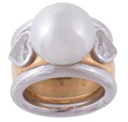 A South Sea cultured pearl and diamond ring by Kunz, the 13.2mm South Sea cultured pearl between
