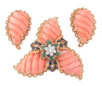 A coral, diamond emerald and sapphire brooch with matching ear clips, the triangular brooch with