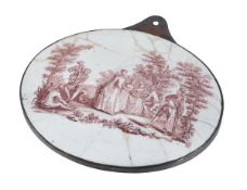 A Birmingham enamel oval plaque, circa 1755, transfer printed in reddish brown with Les Fetes