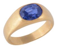 A single stone sapphire ring, the oval cut sapphire set in a rub over mount, approximately 2.40