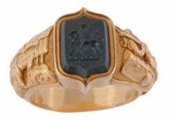 A 19th century French gold and bloodstone signet ring, circa 1890, the shaped bloodstone cartouche