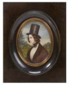 German School, circa 1840. Portrait of a lady wearing a top hat in a landscape, half length, 7.8cm