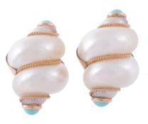 A pair of natural shell and turquoise ear clips, the coiled white shels overlaid with twisted