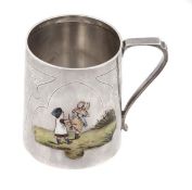 A Victorian silver and enamel christening mug by Charles Edwards, London 1885, straight sided can