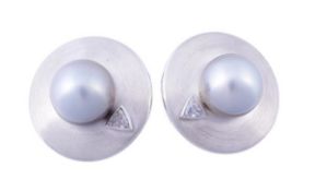 A pair of South Sea cultured pearl and diamond ear clips by Kunz, the 16.3mm South Sea cultured