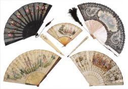 Seven Continental fans, various 19th century dates, in pierced and inlaid wood with horn sticks,