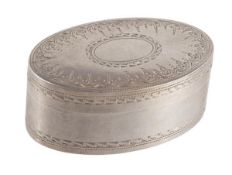 A George III silver oval nutmeg grater by Thomas Willmore, Birmingham 1799, with a vacant oval