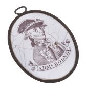 A Liverpool enamel oval portrait plaque, Liverpool, circa 1780, transfer printed in sepia with a