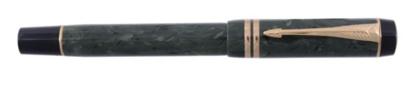 Parker, Duofold International Jade fountain pen, introduced 1988, the mottled green resin case set