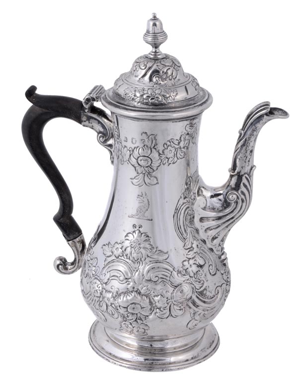 An early George III silver baluster coffee pot by William Cripps, London 1761, with an acorn finial