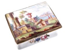 A Birmingham enamel rectangular table snuff box, circa 1760, the cover painted with figures amongst