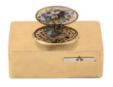 A gilt metal rectangular singing bird musical box, probably Swiss or German, early/mid 20th