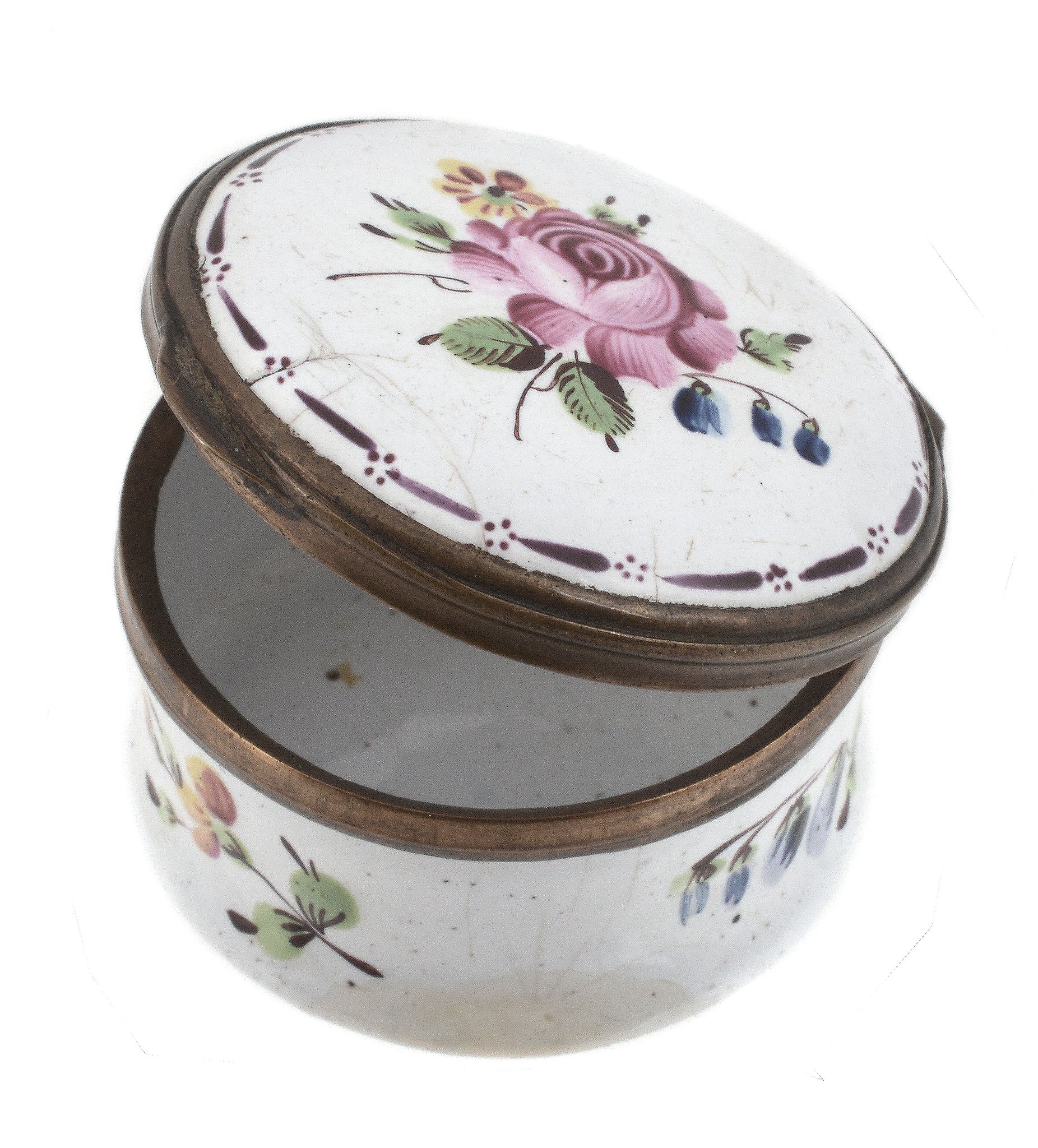 A Bilston enamel circular snuff box, circa 1770-75, the cover painted with a flower sprig, within a - Image 2 of 2