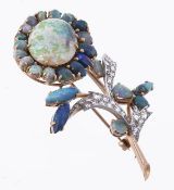 An opal and diamond flower brooch, the flower head with an oval cabochon opal measuring 17mm x 13mm