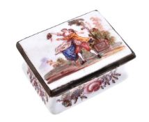 A Birmingham enamel rectangular snuff box, circa 1755, the cover painted with lovers dancing, the