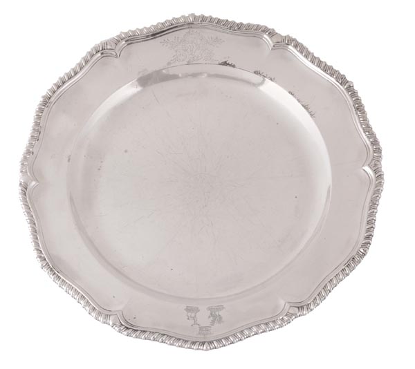 A George II silver hexafoil dinner plate, London 1739 (marks rubbed), the border engraved with an